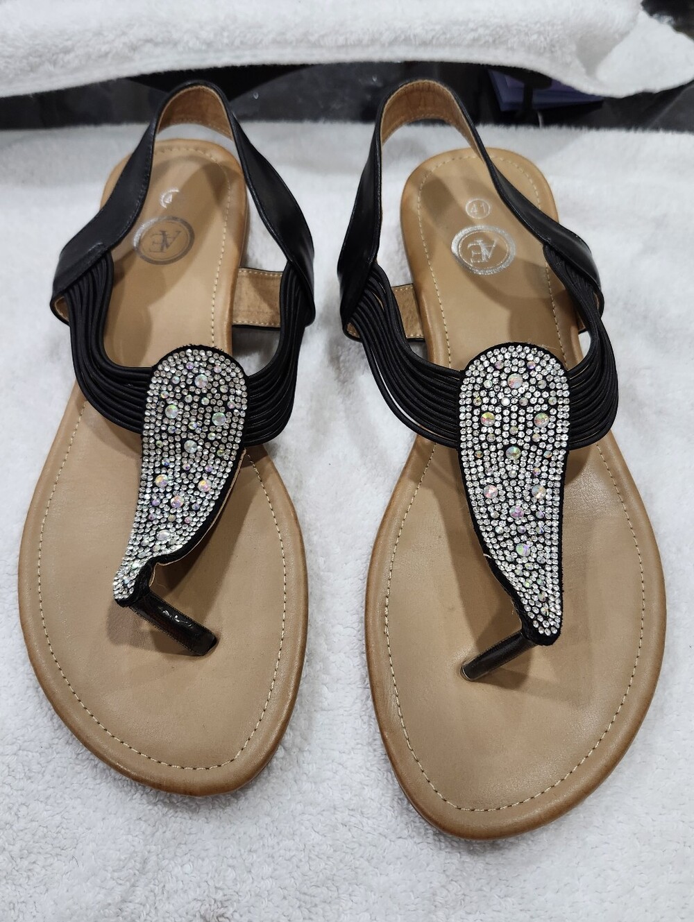 Black Rhinestone T-Strap Sandals